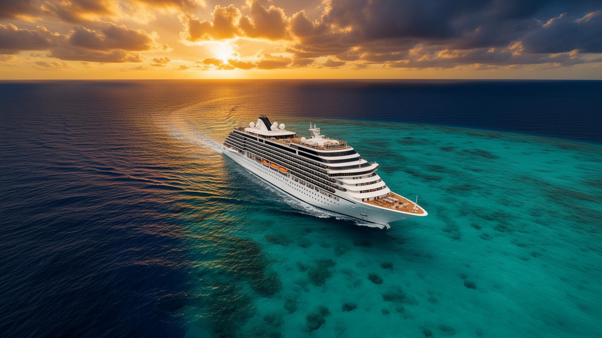 Luxury cruise ship sailing at sunset