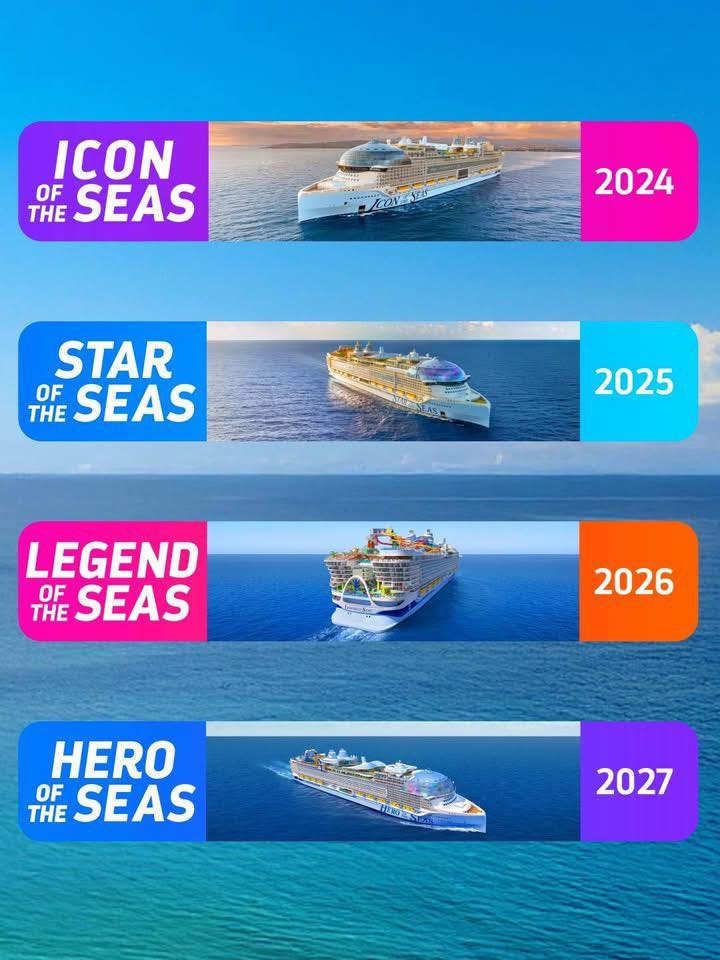 Royal Caribbean Icon Class ships 2024–2027 — Icon of the Seas, Star of the Seas, Legend of the Seas, and Hero of the Seas.