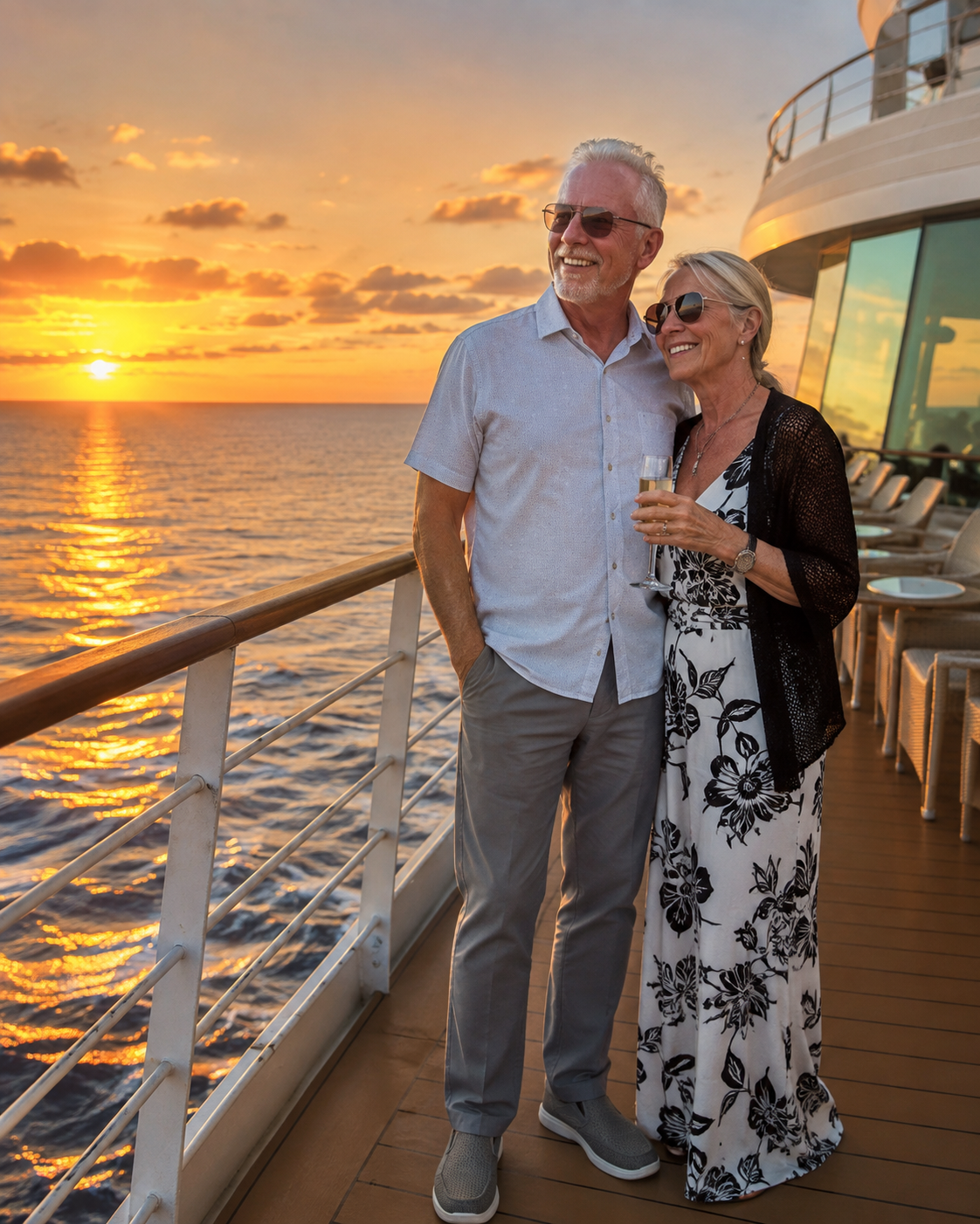 Retired couple relaxing on a cruise ship deck at sunset