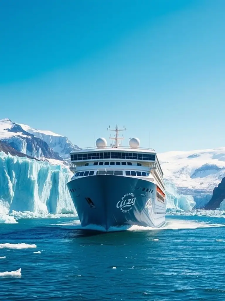 A stunning photograph of a cruise ship sailing through the Alaskan Inside Passage, with towering glaciers and snow-capped mountains in the background. The image should convey a sense of adventure and natural beauty.