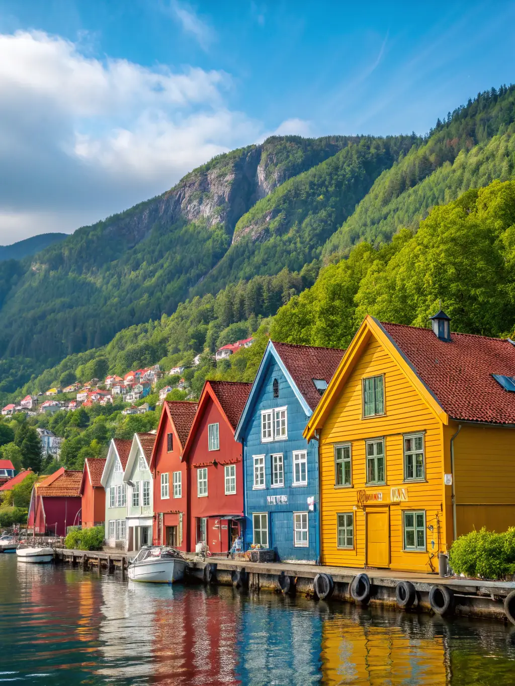 An awe-inspiring image of Bergen, Norway, showcasing its colorful wooden houses lining the harbor, surrounded by majestic mountains and fjords, creating a picturesque scene.