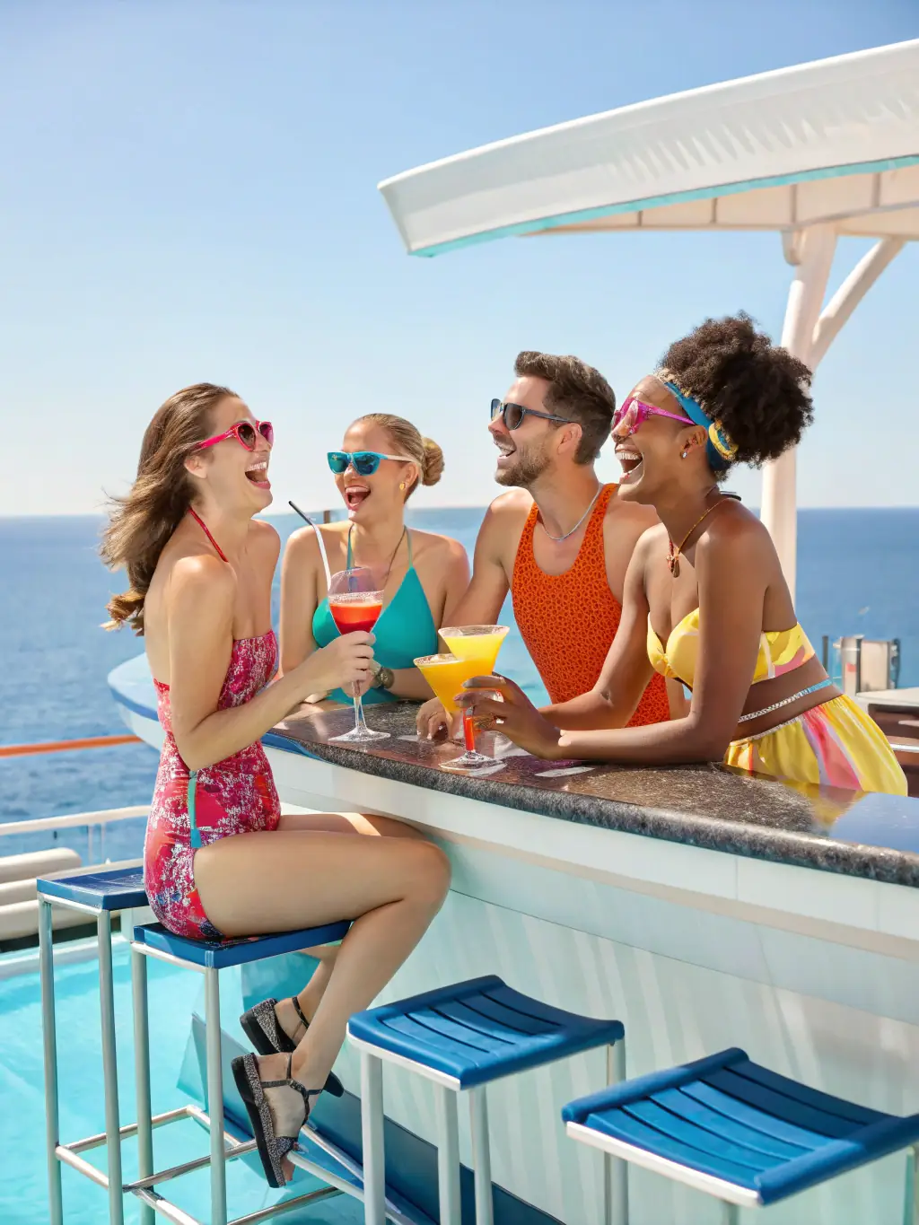A vibrant photo of a group of friends laughing and enjoying cocktails by the pool on a cruise ship, showcasing the fun and social aspect of cruising.