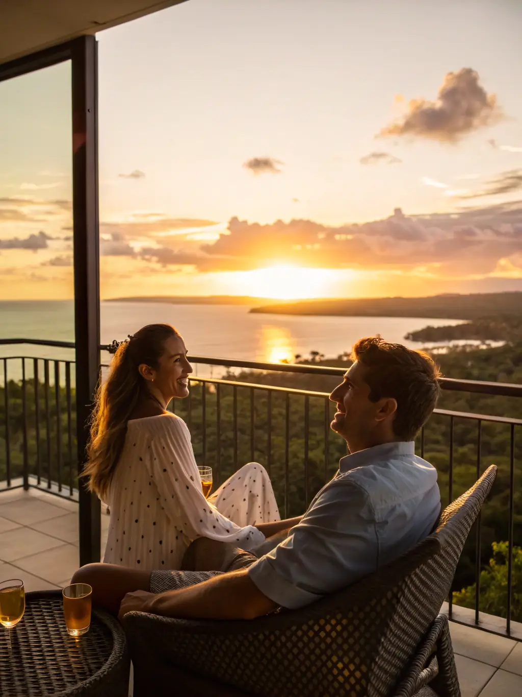 A serene image of a couple enjoying a sunset view from their private balcony on a cruise ship, emphasizing the romantic and relaxing atmosphere.