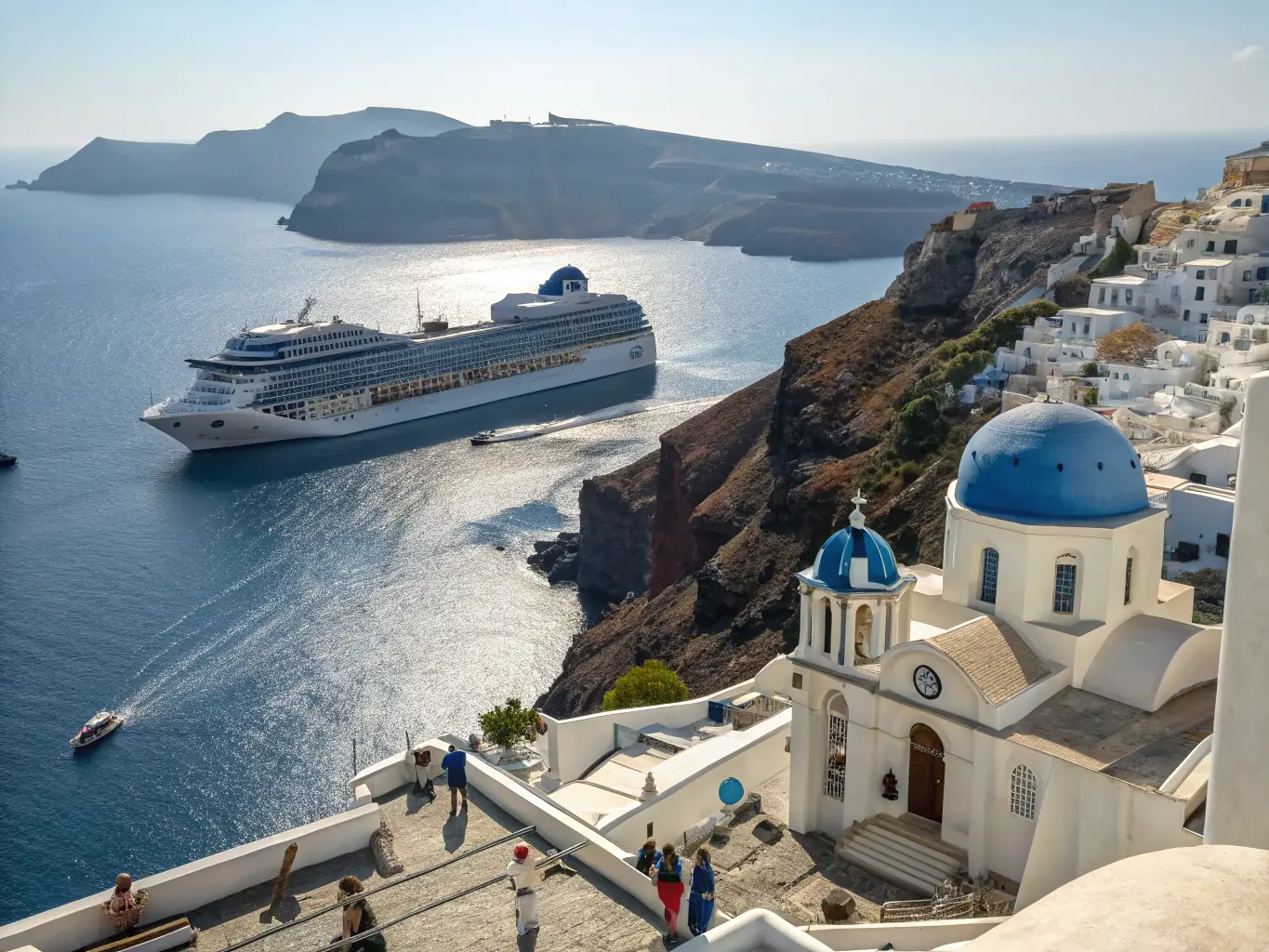 A captivating image of a cruise ship sailing towards the ancient ruins of Greece, with the iconic white-washed buildings and azure waters creating a stunning contrast. The scene should inspire a sense of history and exploration.