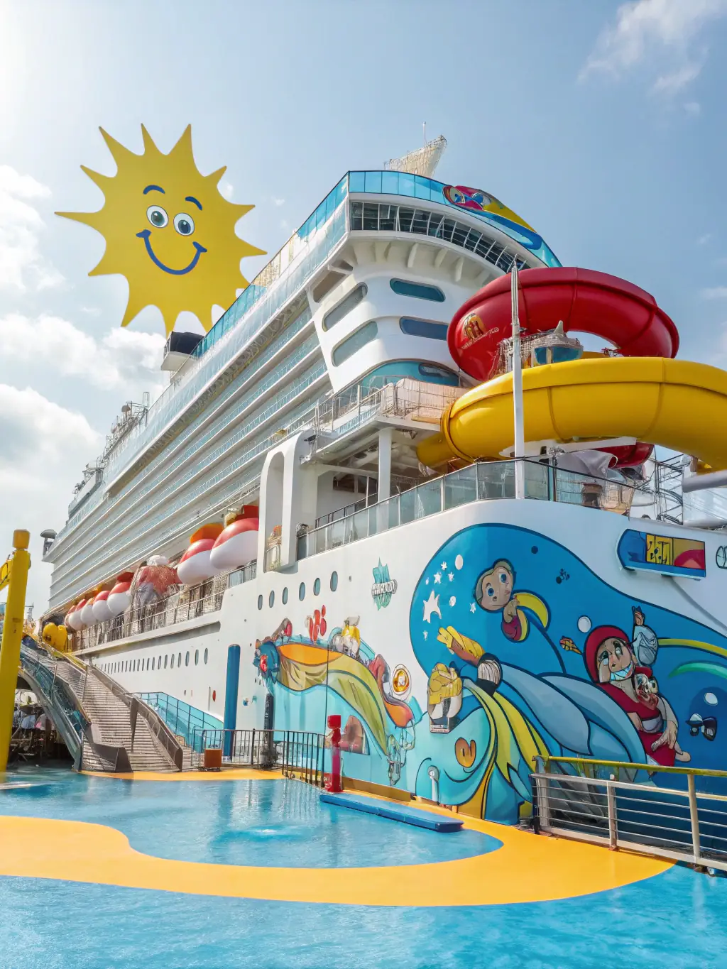 A family enjoying a variety of activities on a cruise ship, including water slides, kids' clubs, and family-friendly entertainment, showcasing the family-friendly aspect of cruising.