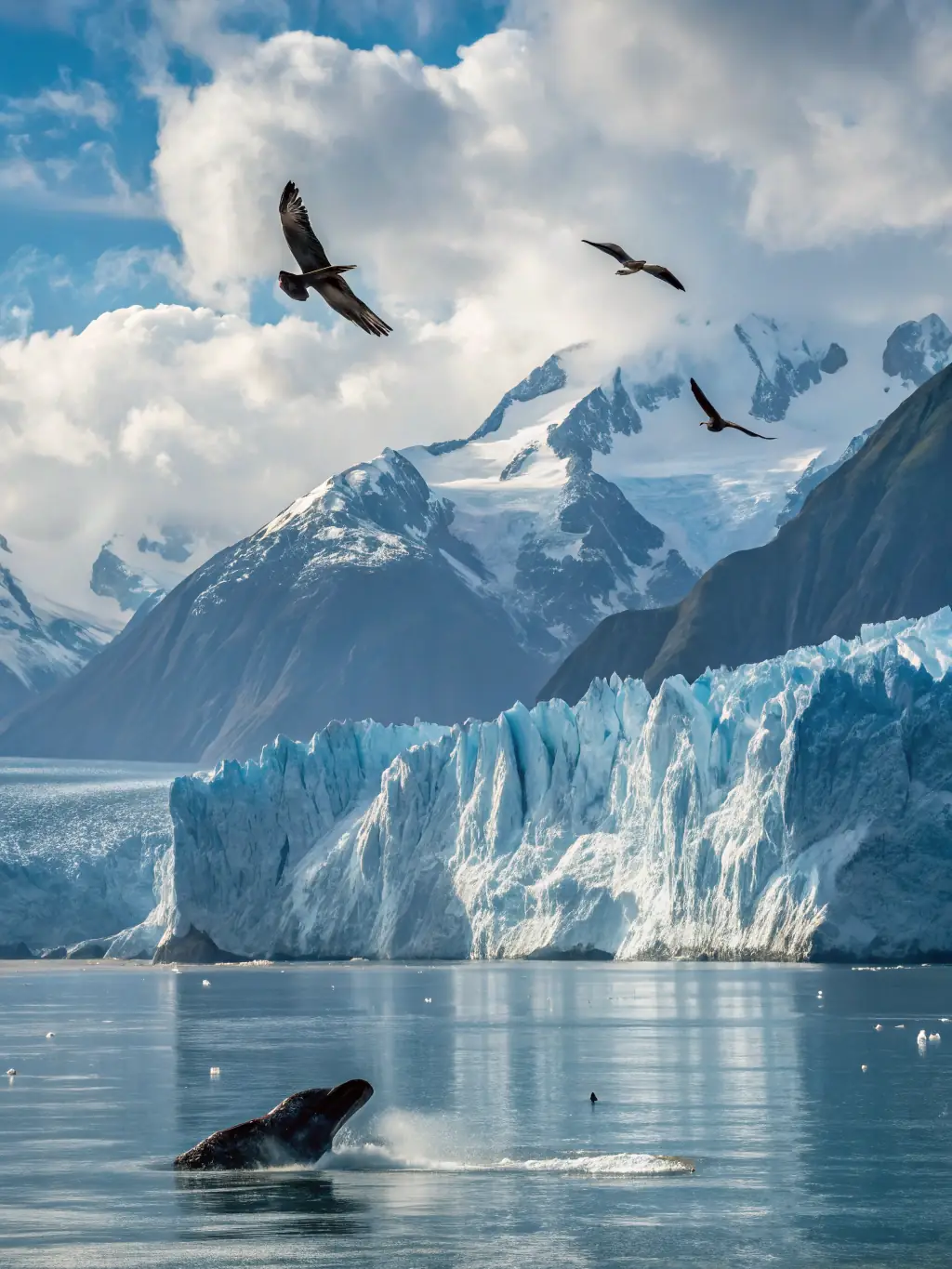 A captivating image of Juneau, Alaska, featuring a cruise ship sailing through the Inside Passage, surrounded by towering glaciers and lush green forests.