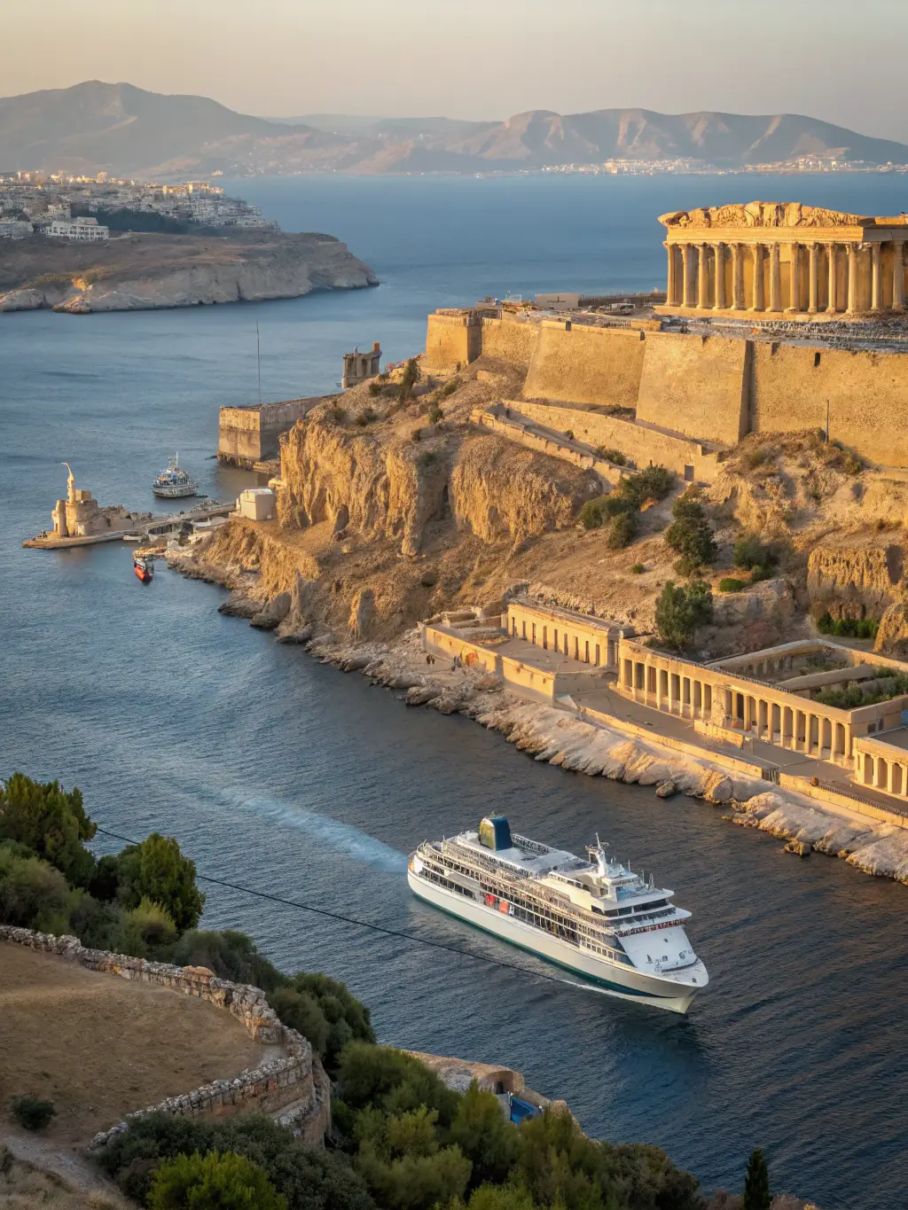 A vibrant image of a cruise ship docked in Santorini, Greece, showcasing the iconic white-washed buildings and blue domes overlooking the Aegean Sea. The scene should evoke a sense of luxury and relaxation, appealing to aviation professionals seeking a getaway.