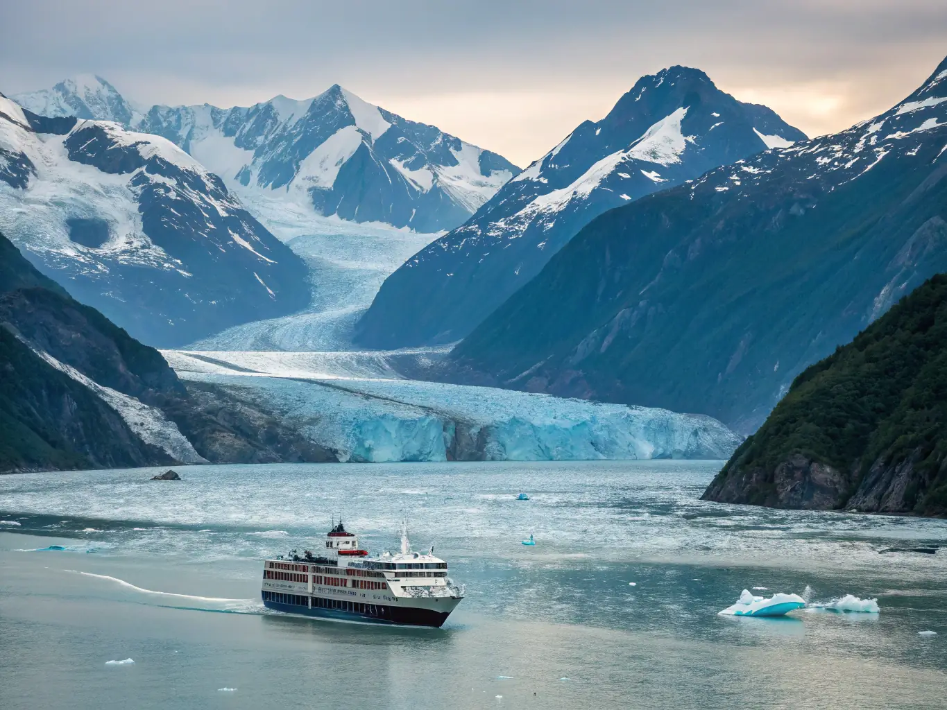 An image of a modern cruise ship navigating through the majestic fjords of Norway, with snow-capped mountains and picturesque villages lining the shores. The scene should convey a sense of awe and wonder.