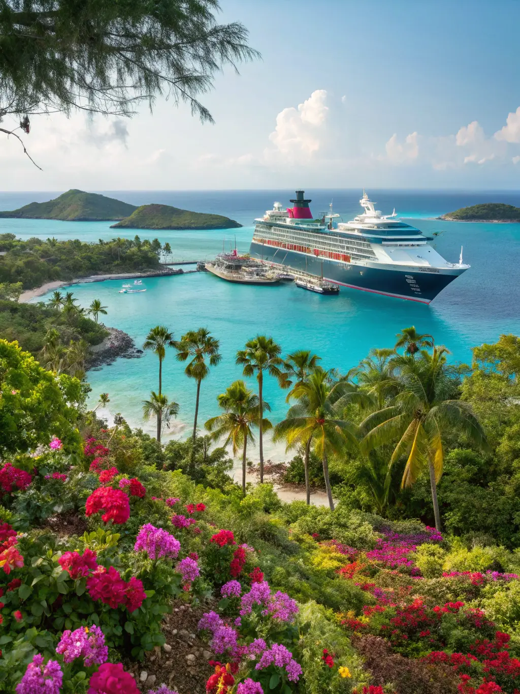 A colorful image of a cruise ship docked in Cozumel, Mexico, with crystal-clear turquoise waters and lush tropical vegetation in the foreground. The scene should highlight the vibrant culture and opportunities for water sports.
