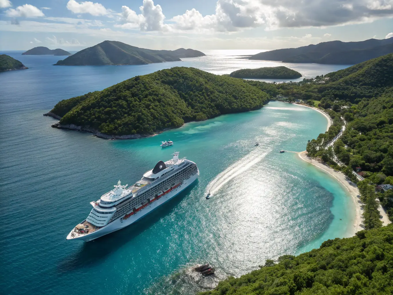 A vibrant image showcasing a cruise ship sailing through the turquoise waters of the Caribbean, with lush tropical islands in the background. The scene should evoke feelings of relaxation and adventure.